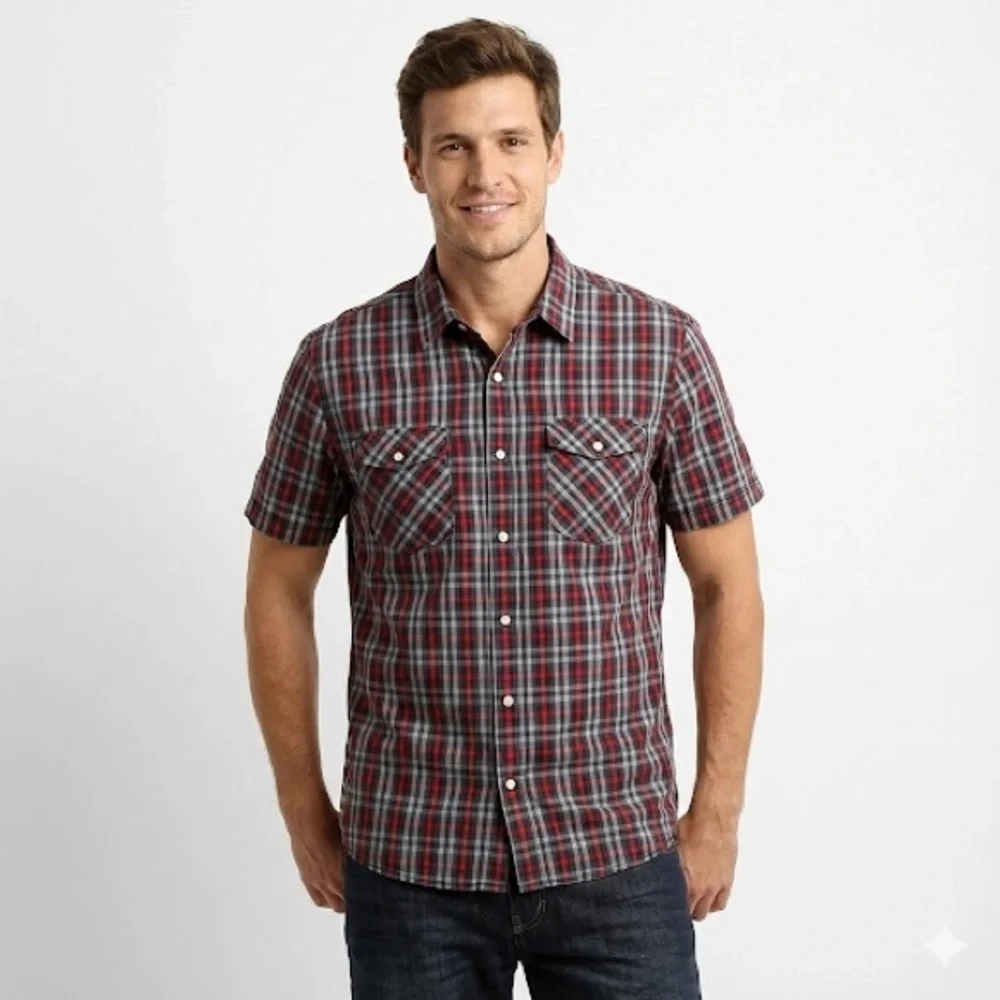 The North Face casual pearl snap plaid short sleeve shirt XL
